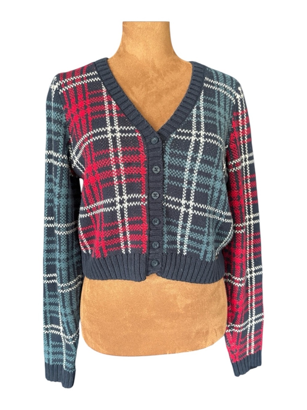 Hollister Plaid V-Neck Button Cropped Cardigan Academia Sweater - Navy / Red  L